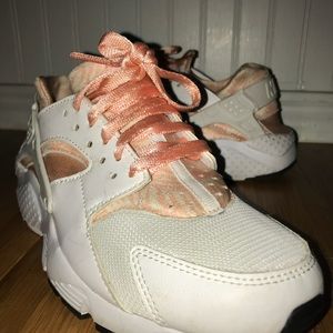 white and light coral colored huaraches